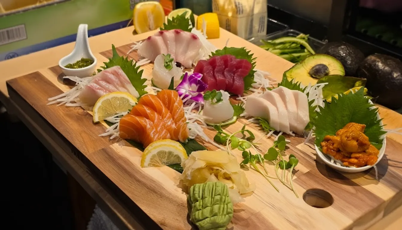 Fresh sashimi cuts arranged on a wooden board